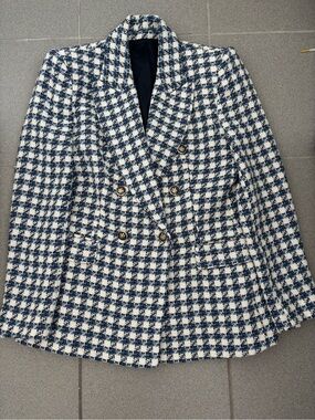 Zara Double-Breasted Houndstooth Textured Blazer - Navy & White